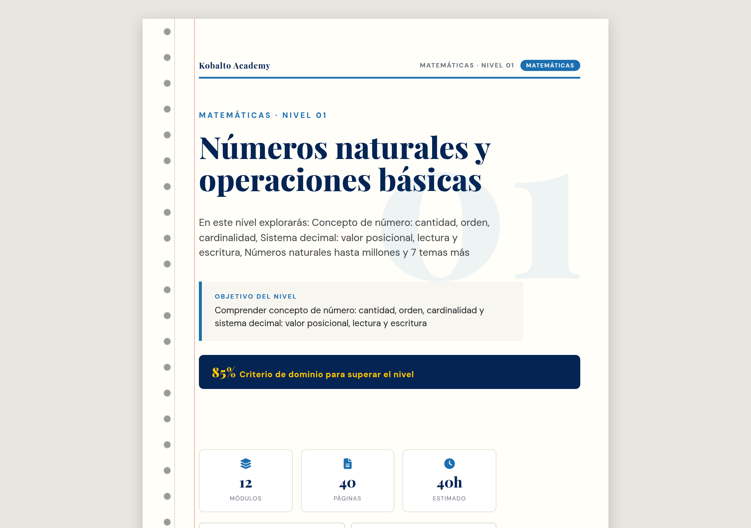 Cuaderno físico Kobalto · Matemáticas Nivel 1