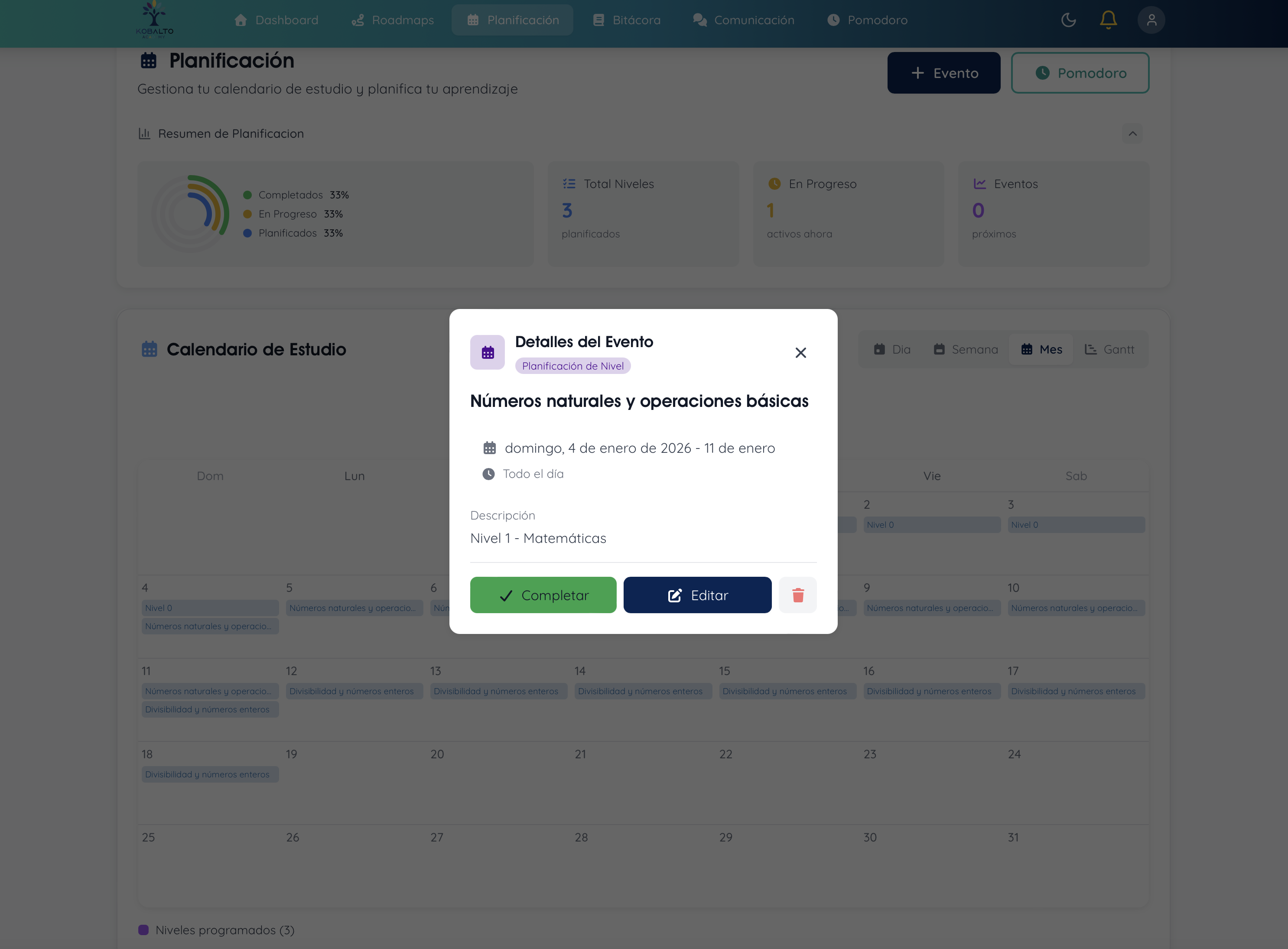 Calendario de Estudio expandido