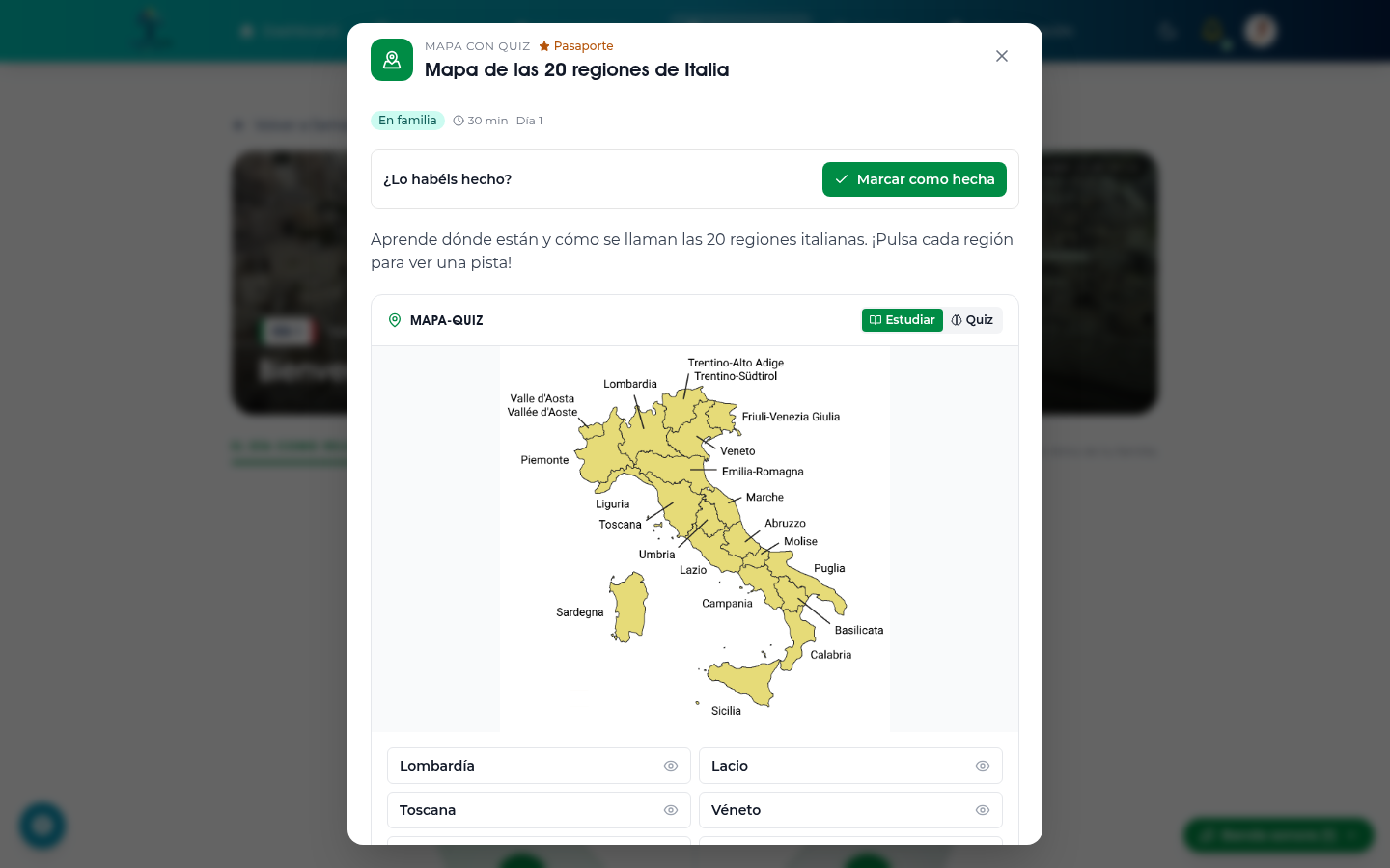 Italia — Mapa de las 20 regiones con quiz interactivo