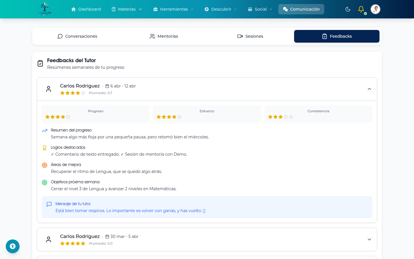 Feedbacks semanales del tutor